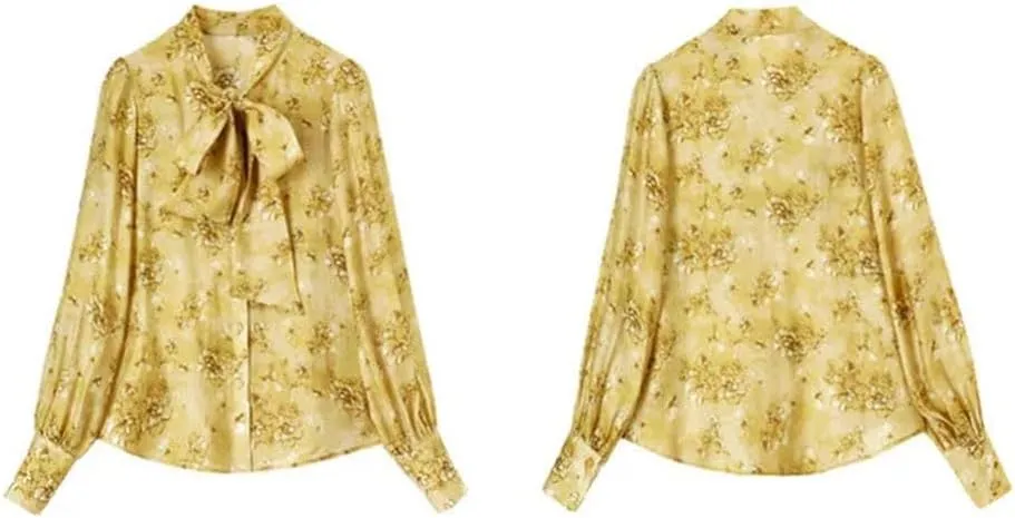 Women Elegant Lace-Up Floral Shirts Commuter Button Up Loose Blouses Long Sleeve Blouse Tops