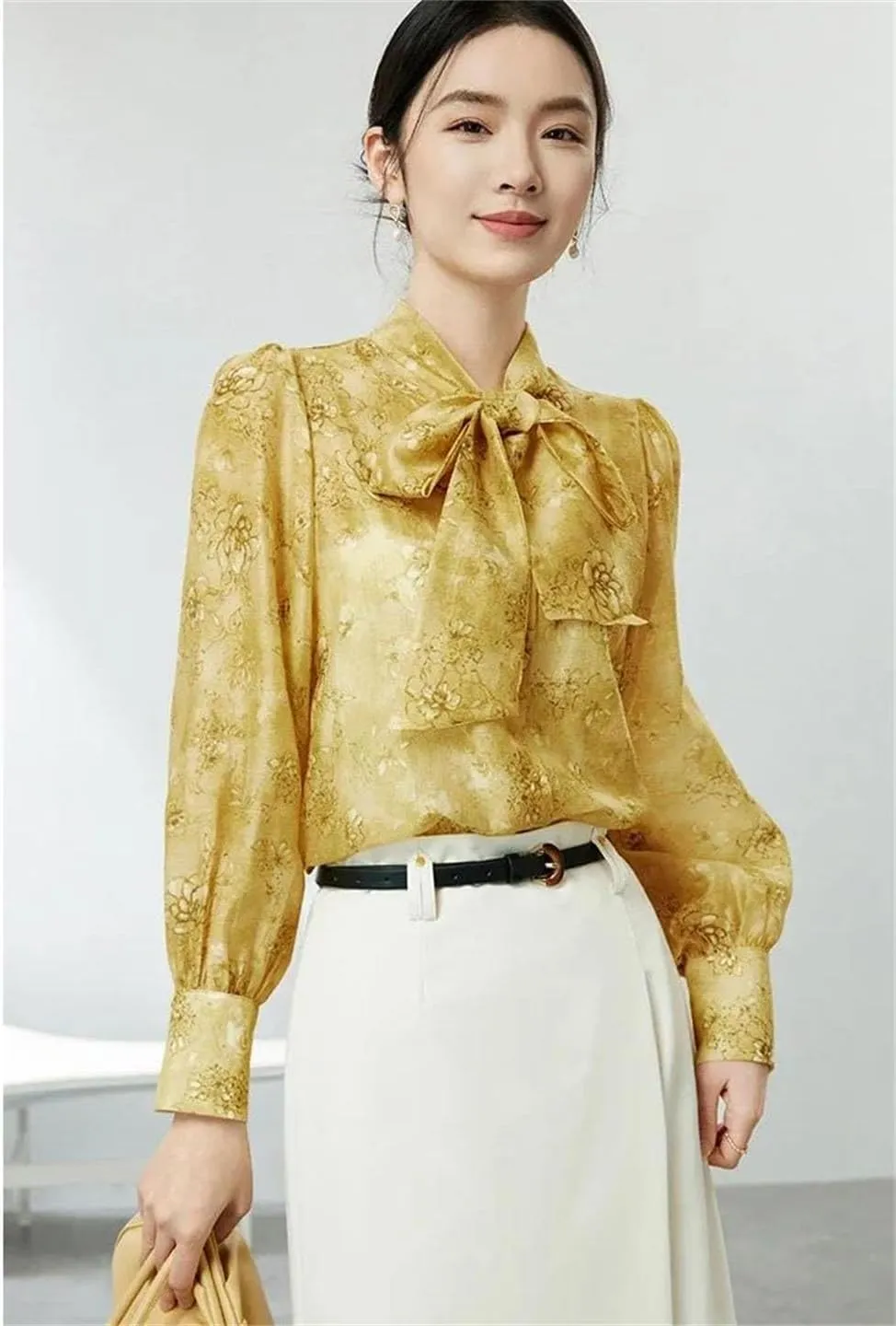 Women Elegant Lace-Up Floral Shirts Commuter Button Up Loose Blouses Long Sleeve Blouse Tops