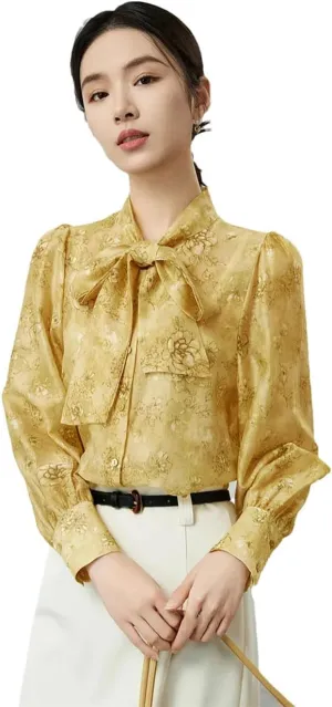 Women Elegant Lace-Up Floral Shirts Commuter Button Up Loose Blouses Long Sleeve Blouse Tops