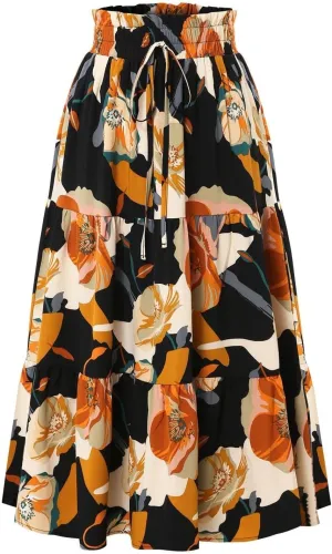 Women Flowy Long Boho Floral Maxi Skirt Elastic High Waist Tiered Pleated Summer Casual Beach Skirt