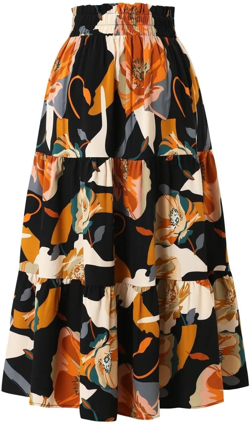 Women Flowy Long Boho Floral Maxi Skirt Elastic High Waist Tiered Pleated Summer Casual Beach Skirt