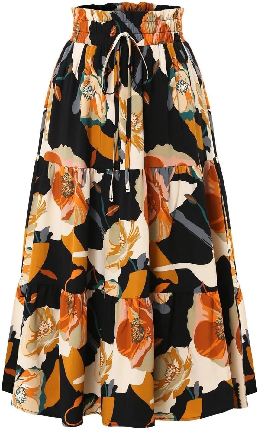 Women Flowy Long Boho Floral Maxi Skirt Elastic High Waist Tiered Pleated Summer Casual Beach Skirt