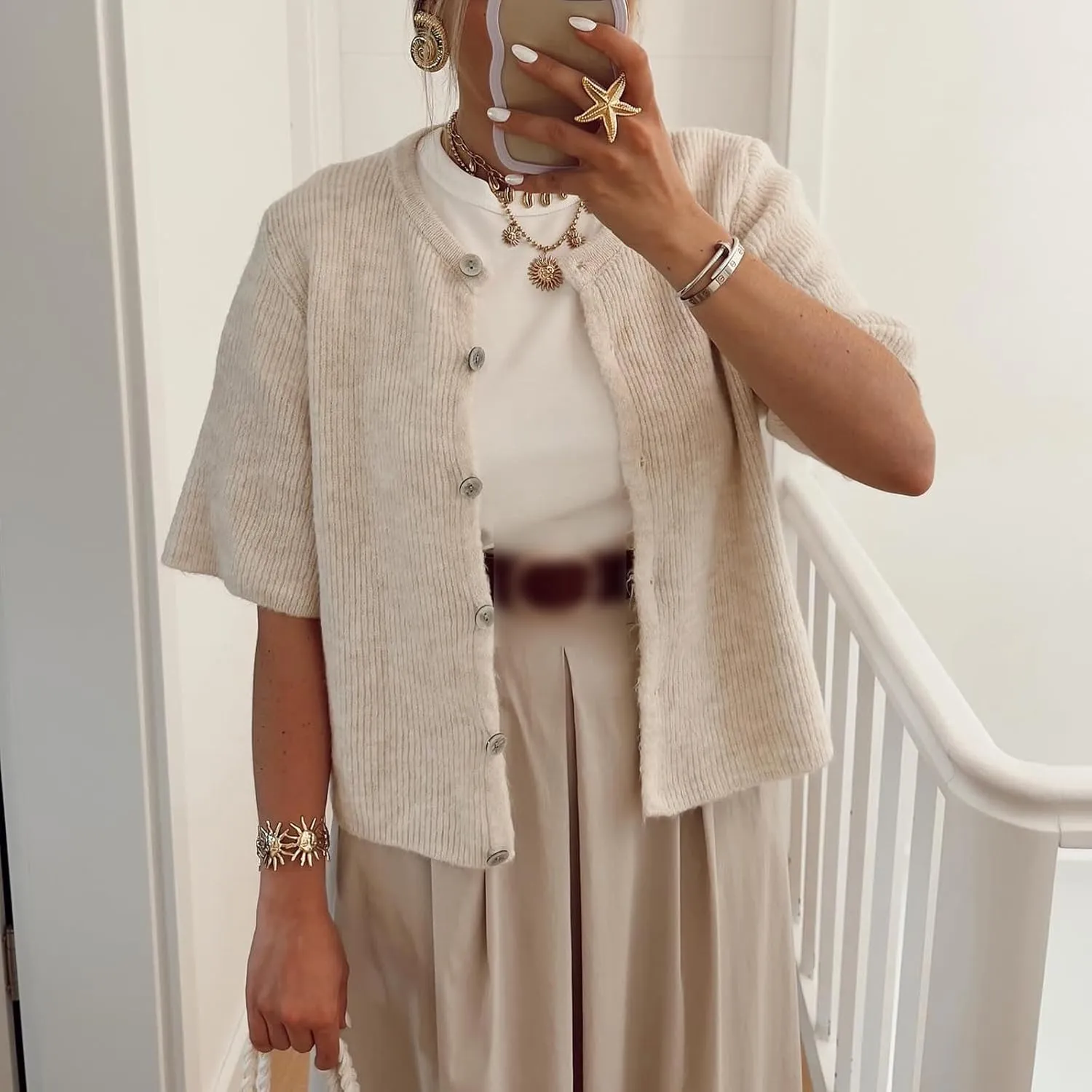 Women Knitted Button Down Short Sleeve Tops Y2K Solid Color Crew Neck Relaxed Sweater Cardigan Going Out Knit Tops