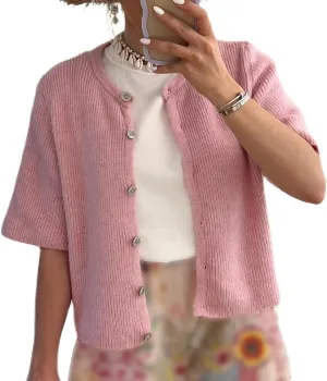 Women Knitted Button Down Short Sleeve Tops Y2K Solid Color Crew Neck Relaxed Sweater Cardigan Going Out Knit Tops