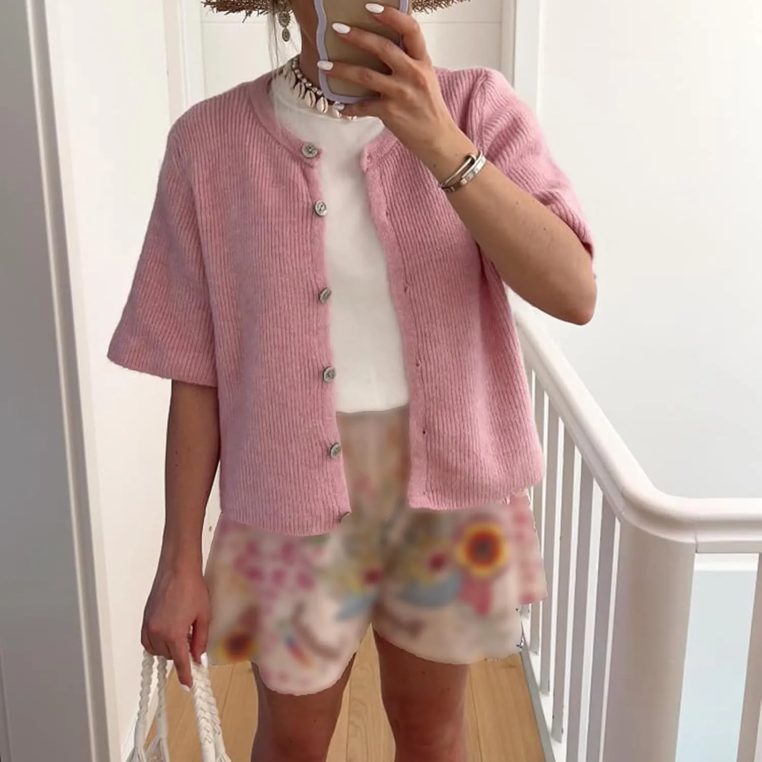 Women Knitted Button Down Short Sleeve Tops Y2K Solid Color Crew Neck Relaxed Sweater Cardigan Going Out Knit Tops