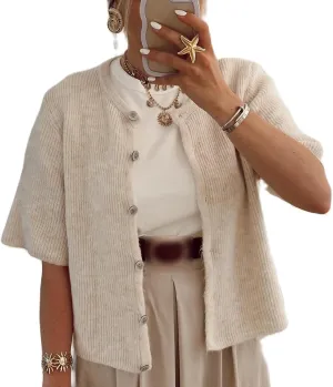 Women Knitted Button Down Short Sleeve Tops Y2K Solid Color Crew Neck Relaxed Sweater Cardigan Going Out Knit Tops
