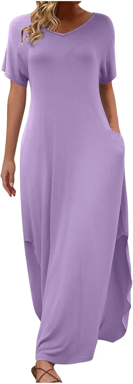 Women Summer Boho Maxi Dresses 2025 Casual Short Sleeve V Neck T Shirt Dress Split Hem A-Line Beach Dresses with Pockets