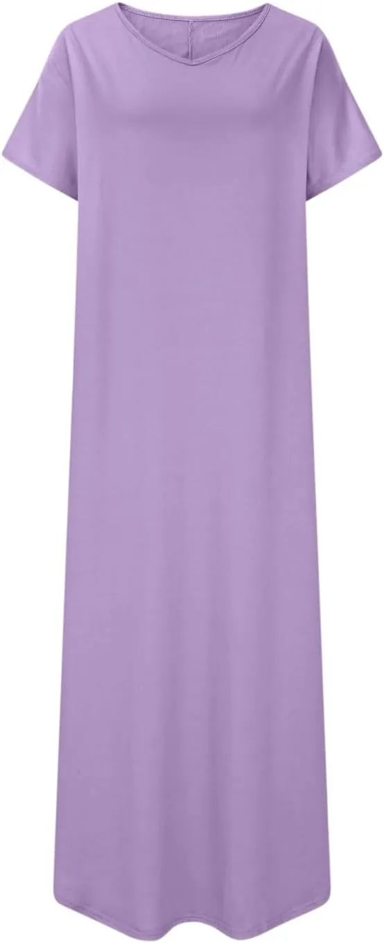 Women Summer Boho Maxi Dresses 2025 Casual Short Sleeve V Neck T Shirt Dress Split Hem A-Line Beach Dresses with Pockets