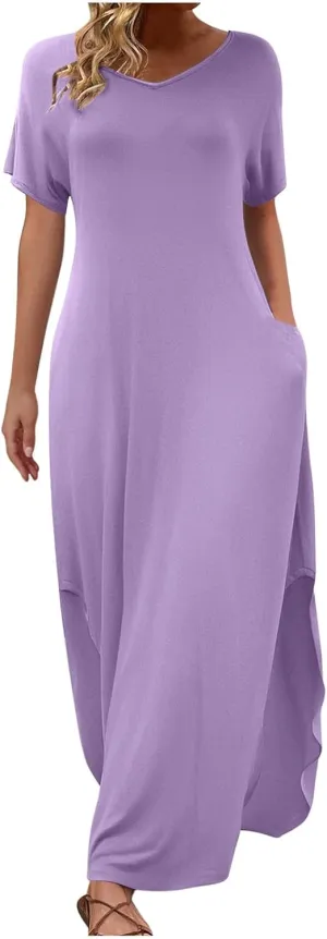 Women Summer Boho Maxi Dresses 2025 Casual Short Sleeve V Neck T Shirt Dress Split Hem A-Line Beach Dresses with Pockets