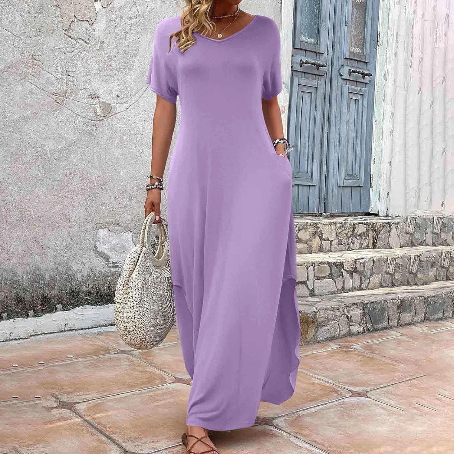 Women Summer Boho Maxi Dresses 2025 Casual Short Sleeve V Neck T Shirt Dress Split Hem A-Line Beach Dresses with Pockets