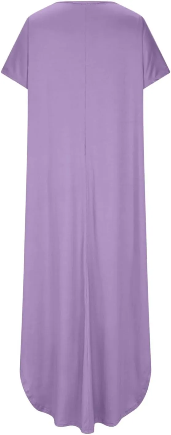 Women Summer Boho Maxi Dresses 2025 Casual Short Sleeve V Neck T Shirt Dress Split Hem A-Line Beach Dresses with Pockets