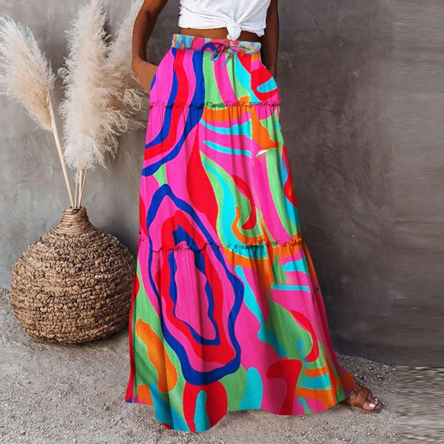 Women Summer Casual Flowy Long Skirts Boho Floral Elastic High Waist Tiered Pleated Beach Maxi Skirt