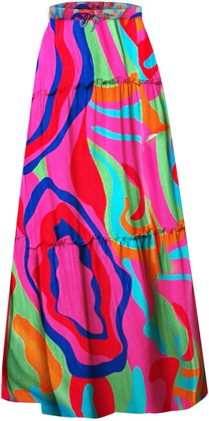 Women Summer Casual Flowy Long Skirts Boho Floral Elastic High Waist Tiered Pleated Beach Maxi Skirt