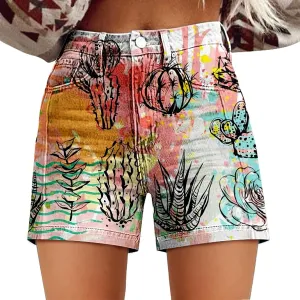 Women Twill Shorts High Waisted Stretchy Casual Vintage Floral Print Summer Jean Trendy Shorts for Women with Pockets