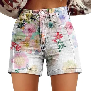 Women Twill Shorts High Waisted Stretchy Casual Vintage Floral Print Summer Jean Trendy Shorts for Women with Pockets