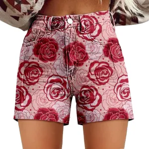 Women Twill Shorts High Waisted Stretchy Casual Vintage Floral Print Summer Jean Trendy Shorts for Women with Pockets