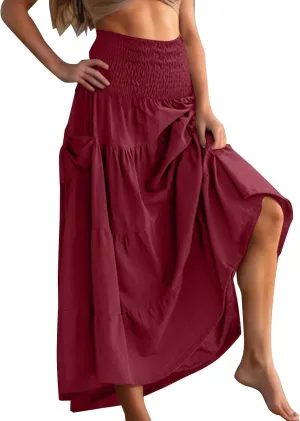 Womens 2025 Boho Skirts High Waisted Smocked Peasant Maxi Skirts Casual Tiered Flowy Long Skort Cottagecore Costume
