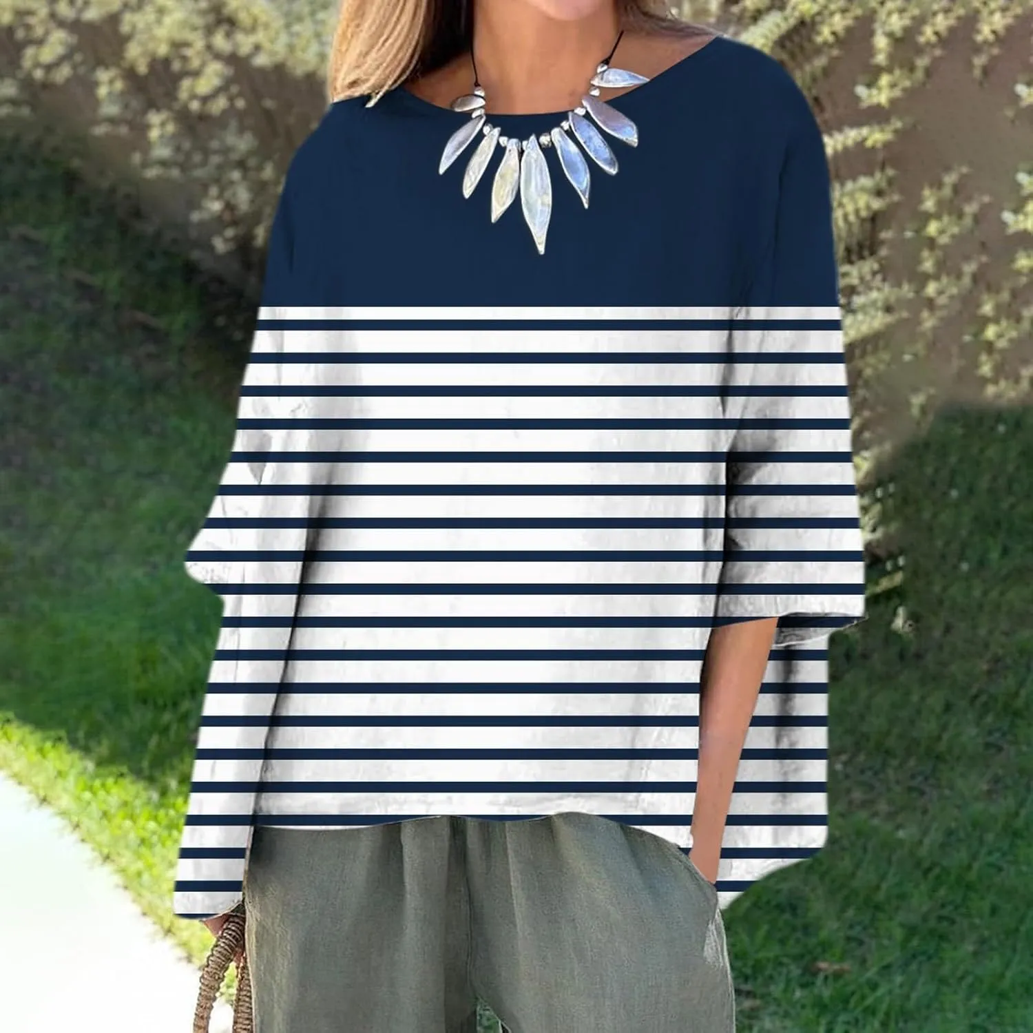 Women's 3/4 Sleeve Cotton Linen Blouses Top T-Shirt Shirts Casual Summer Crew Neck Tunic Tops Loose Tshirts Side Slit
