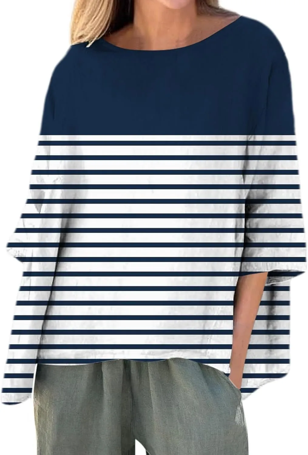Women's 3/4 Sleeve Cotton Linen Blouses Top T-Shirt Shirts Casual Summer Crew Neck Tunic Tops Loose Tshirts Side Slit