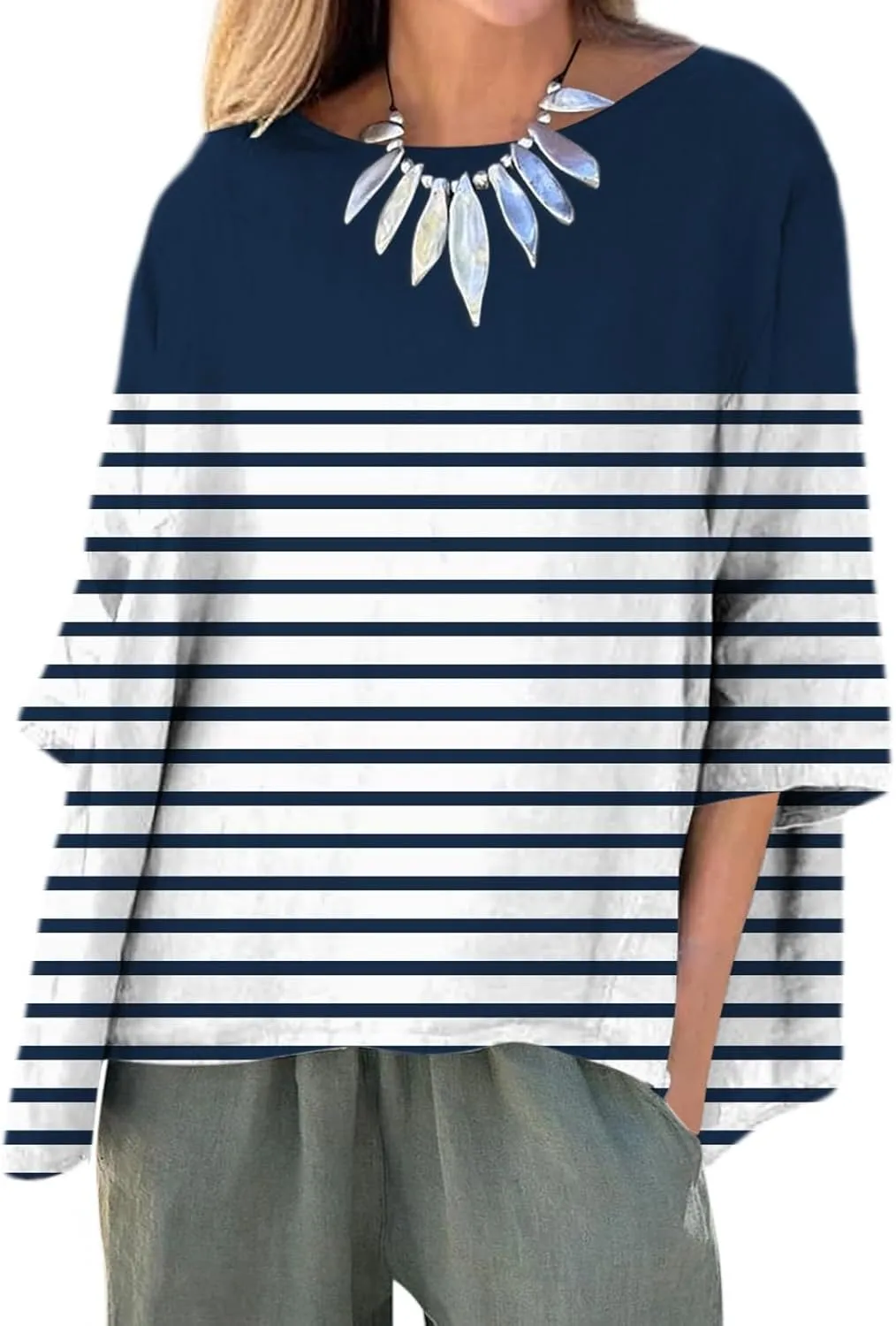 Women's 3/4 Sleeve Cotton Linen Blouses Top T-Shirt Shirts Casual Summer Crew Neck Tunic Tops Loose Tshirts Side Slit