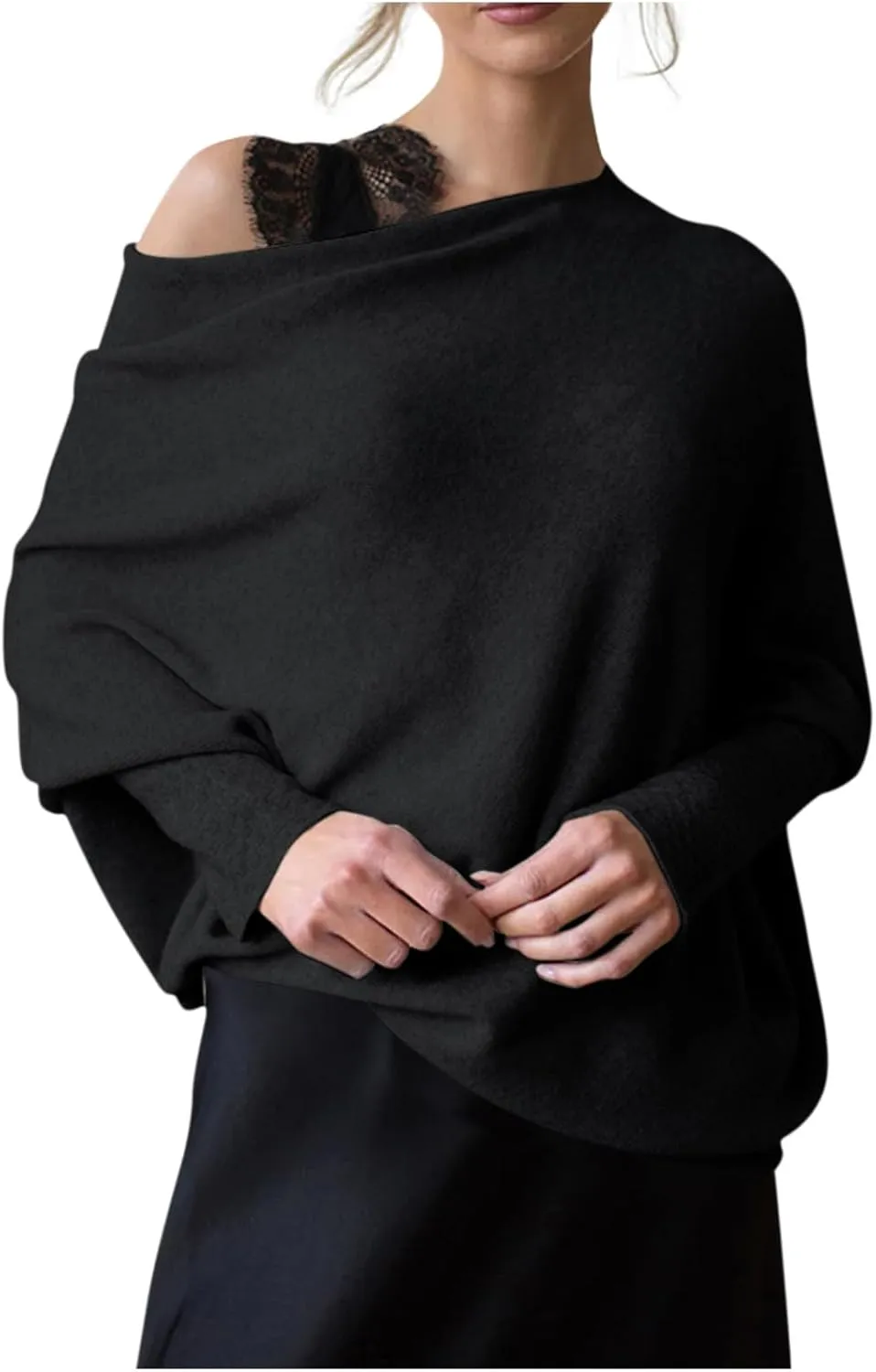 Womens Asymmetric Draped Jumper Long Batwing Sleeve Boat Neck Off The Shoulder Tunic Knit Winter Pullover Sweaters