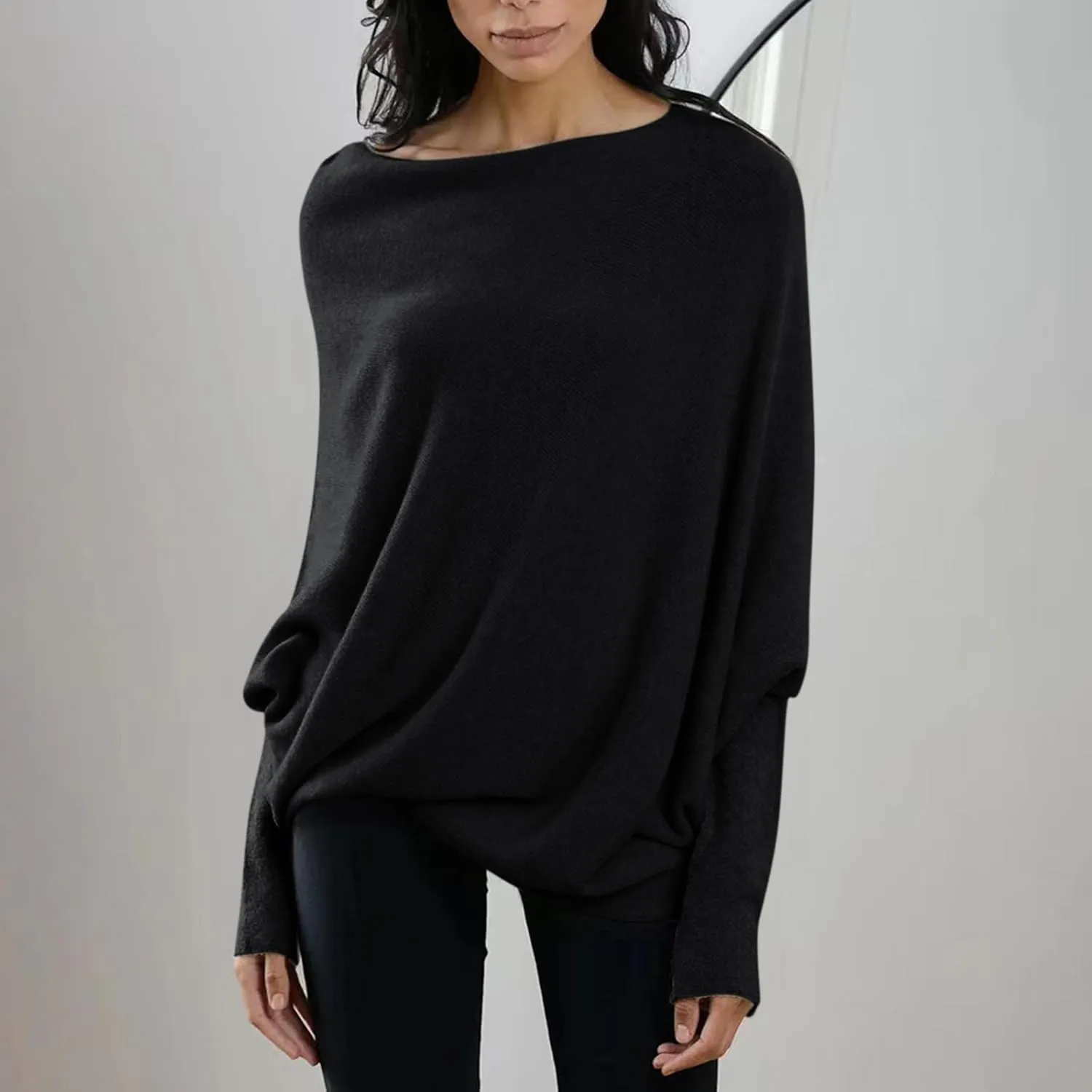 Womens Asymmetric Draped Jumper Long Batwing Sleeve Boat Neck Off The Shoulder Tunic Knit Winter Pullover Sweaters
