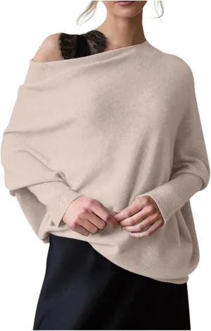 Womens Asymmetric Draped Jumper Long Batwing Sleeve Boat Neck Off The Shoulder Tunic Knit Winter Pullover Sweaters