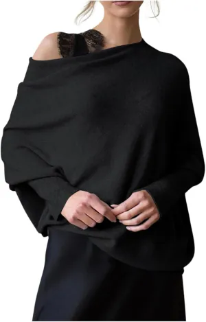 Womens Asymmetric Draped Jumper Long Batwing Sleeve Boat Neck Off The Shoulder Tunic Knit Winter Pullover Sweaters