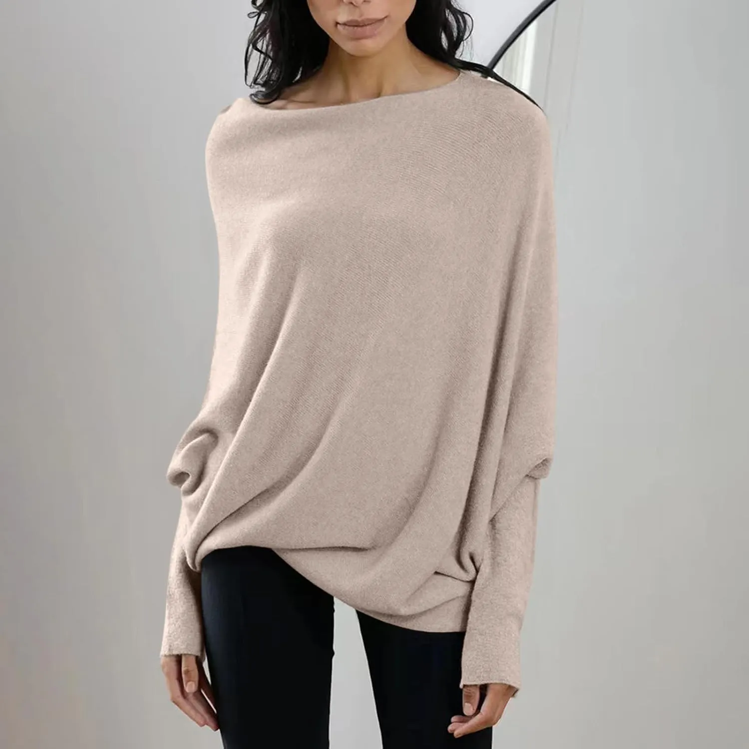 Womens Asymmetric Draped Jumper Long Batwing Sleeve Boat Neck Off The Shoulder Tunic Knit Winter Pullover Sweaters
