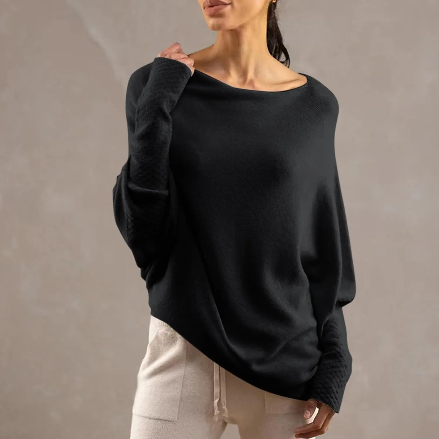 Womens Asymmetric Draped Jumper Long Batwing Sleeve Boat Neck Off The Shoulder Tunic Knit Winter Pullover Sweaters