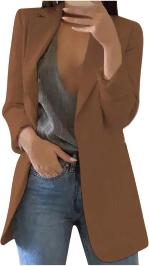 Womens Blazers 2024 Fall Bussiness,Casual Long Sleeve Button Open Front Suit Jackets, Work Clothes with Pockets