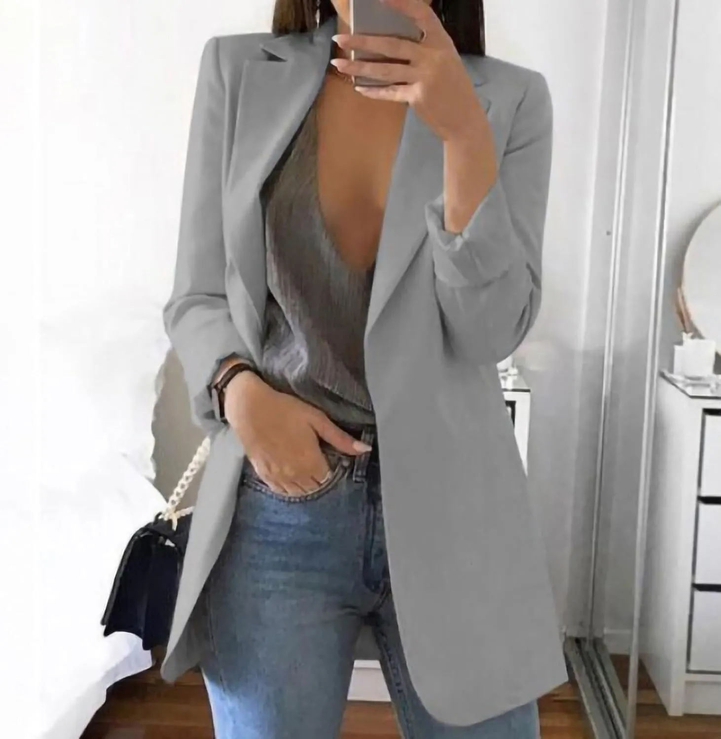 Womens Blazers 2024 Fall Bussiness,Casual Long Sleeve Button Open Front Suit Jackets, Work Clothes with Pockets