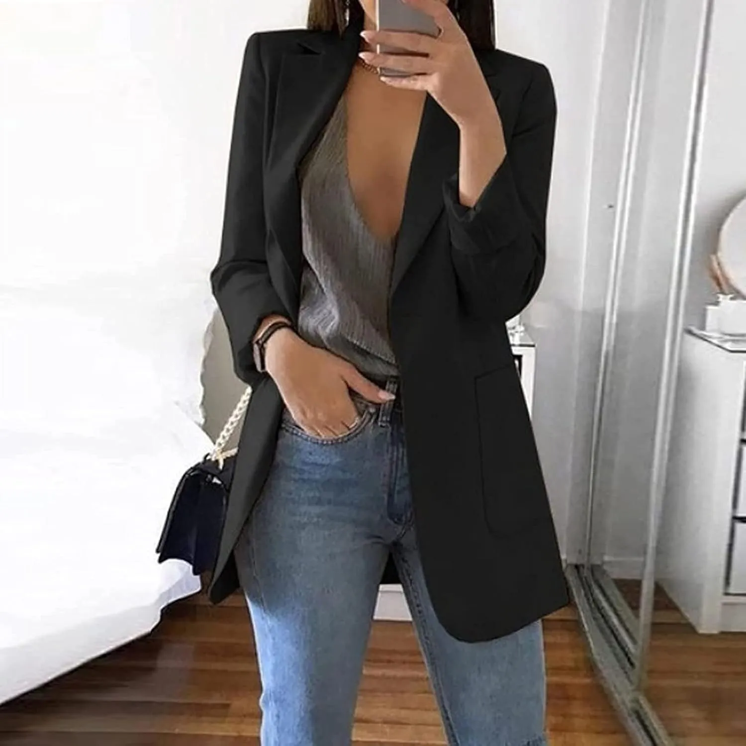Womens Blazers 2024 Fall Bussiness,Casual Long Sleeve Button Open Front Suit Jackets, Work Clothes with Pockets