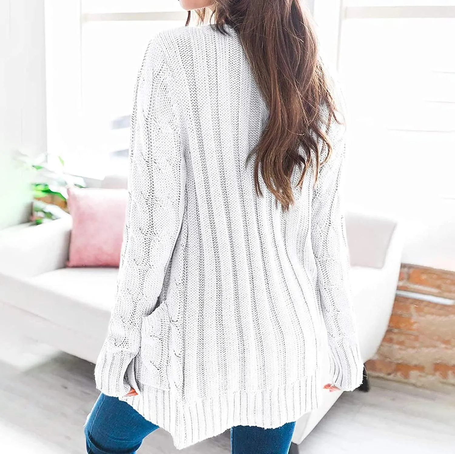 Womens Cable Knit Cotton Cardigan Sweaters Button V Neck Open Front Midi Sweater Jacket Winter Chunky Sweater Coat
