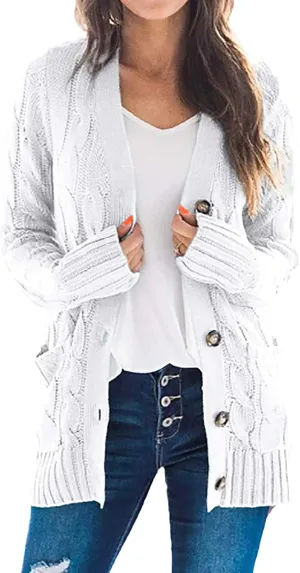 Womens Cable Knit Cotton Cardigan Sweaters Button V Neck Open Front Midi Sweater Jacket Winter Chunky Sweater Coat