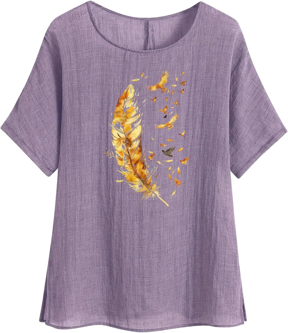 Women's Casual Summer Tops Cotton Linen Short Sleeve Shirts Fashion Print Round Neck T Shirt Loose Blouses
