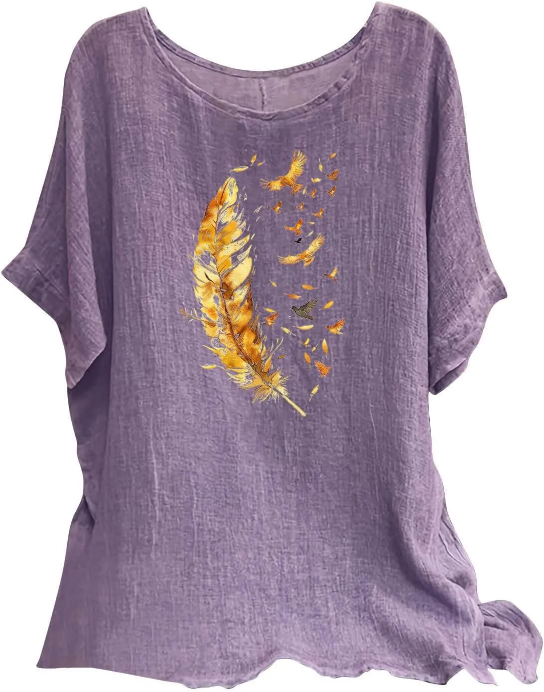 Women's Casual Summer Tops Cotton Linen Short Sleeve Shirts Fashion Print Round Neck T Shirt Loose Blouses