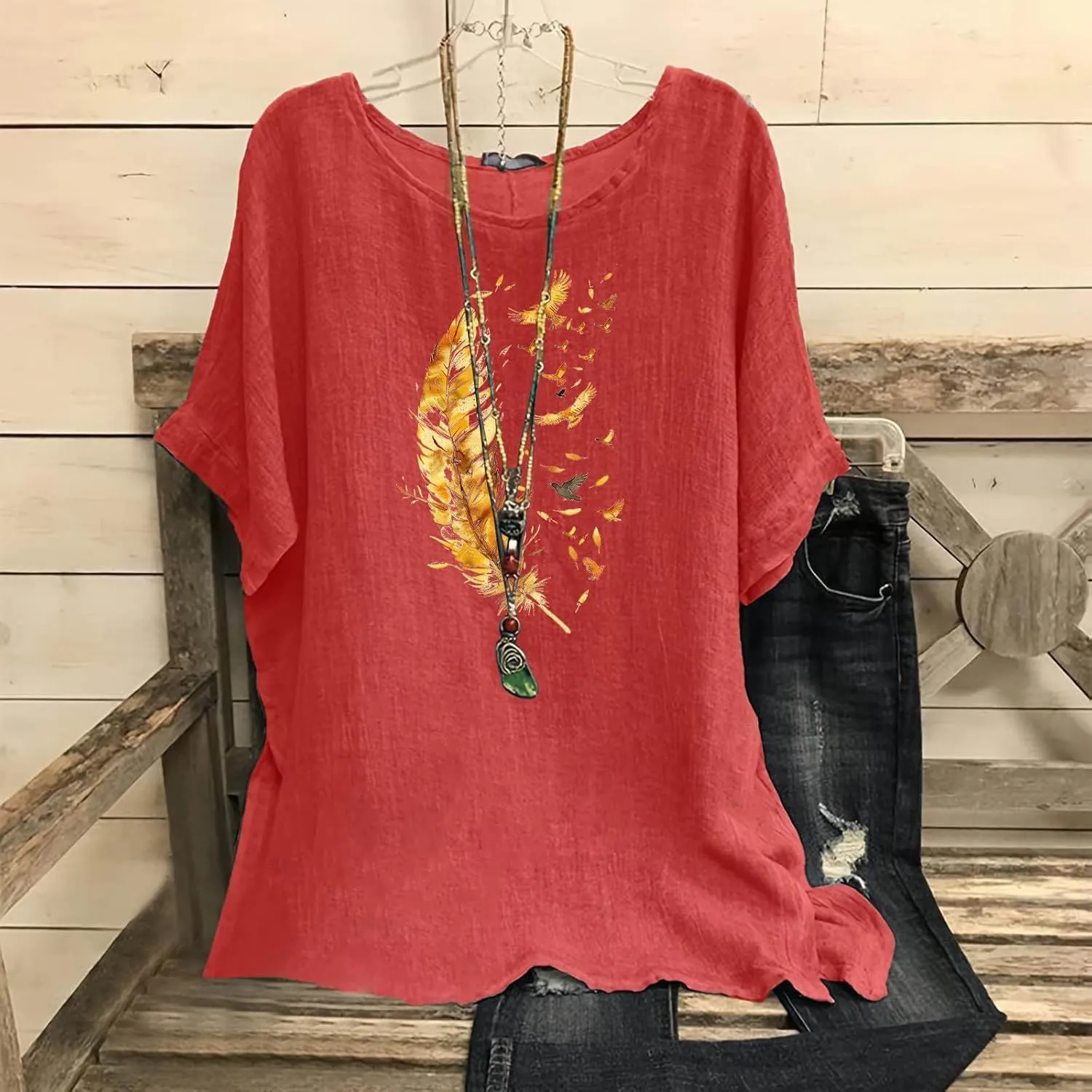 Women's Casual Summer Tops Cotton Linen Short Sleeve Shirts Fashion Print Round Neck T Shirt Loose Blouses