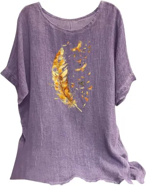 Women's Casual Summer Tops Cotton Linen Short Sleeve Shirts Fashion Print Round Neck T Shirt Loose Blouses