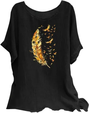Women's Casual Summer Tops Cotton Linen Short Sleeve Shirts Fashion Print Round Neck T Shirt Loose Blouses