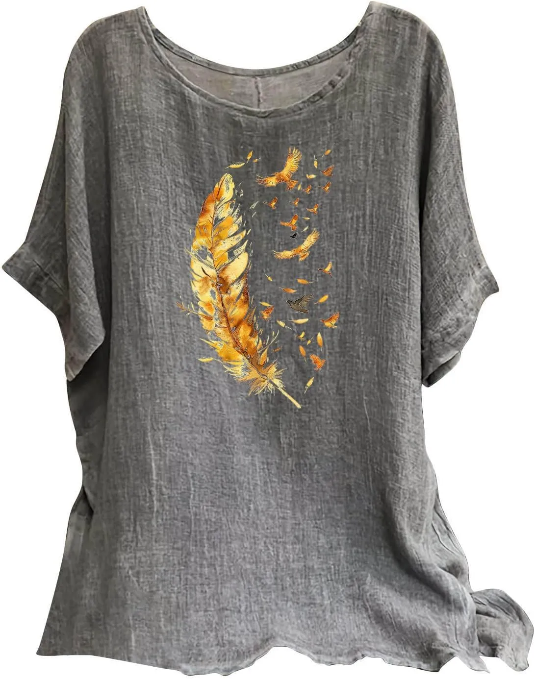 Women's Casual Summer Tops Cotton Linen Short Sleeve Shirts Fashion Print Round Neck T Shirt Loose Blouses