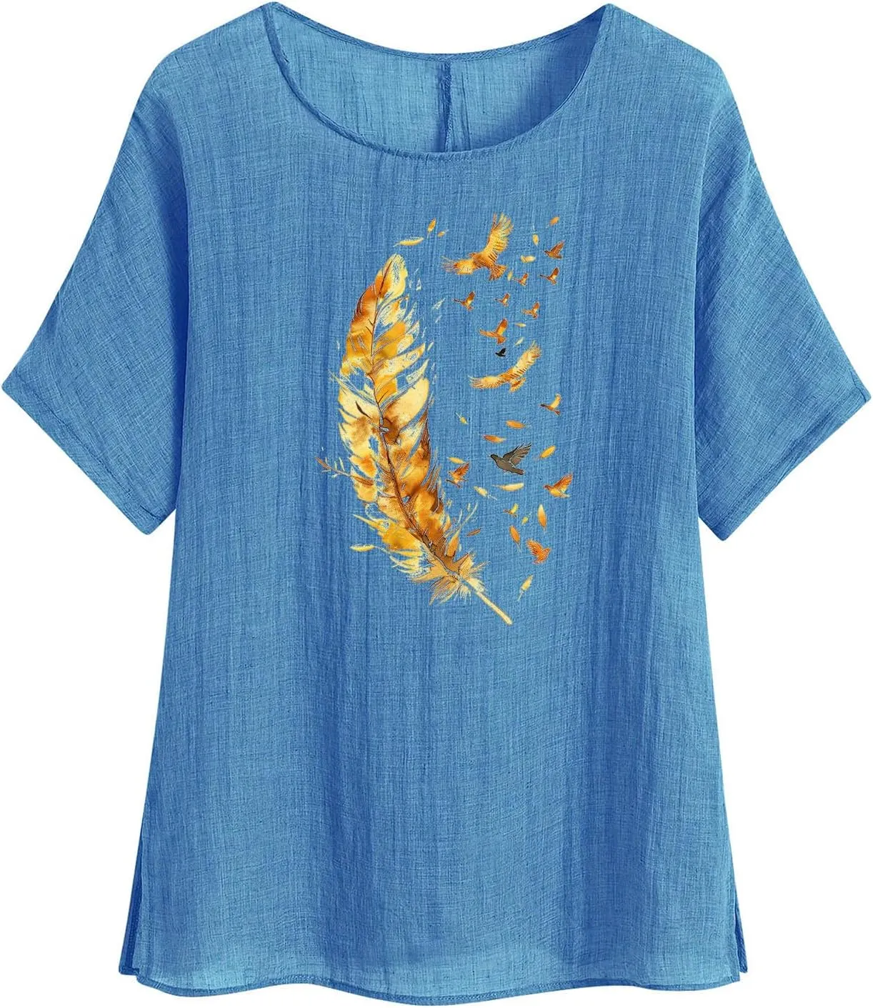 Women's Casual Summer Tops Cotton Linen Short Sleeve Shirts Fashion Print Round Neck T Shirt Loose Blouses