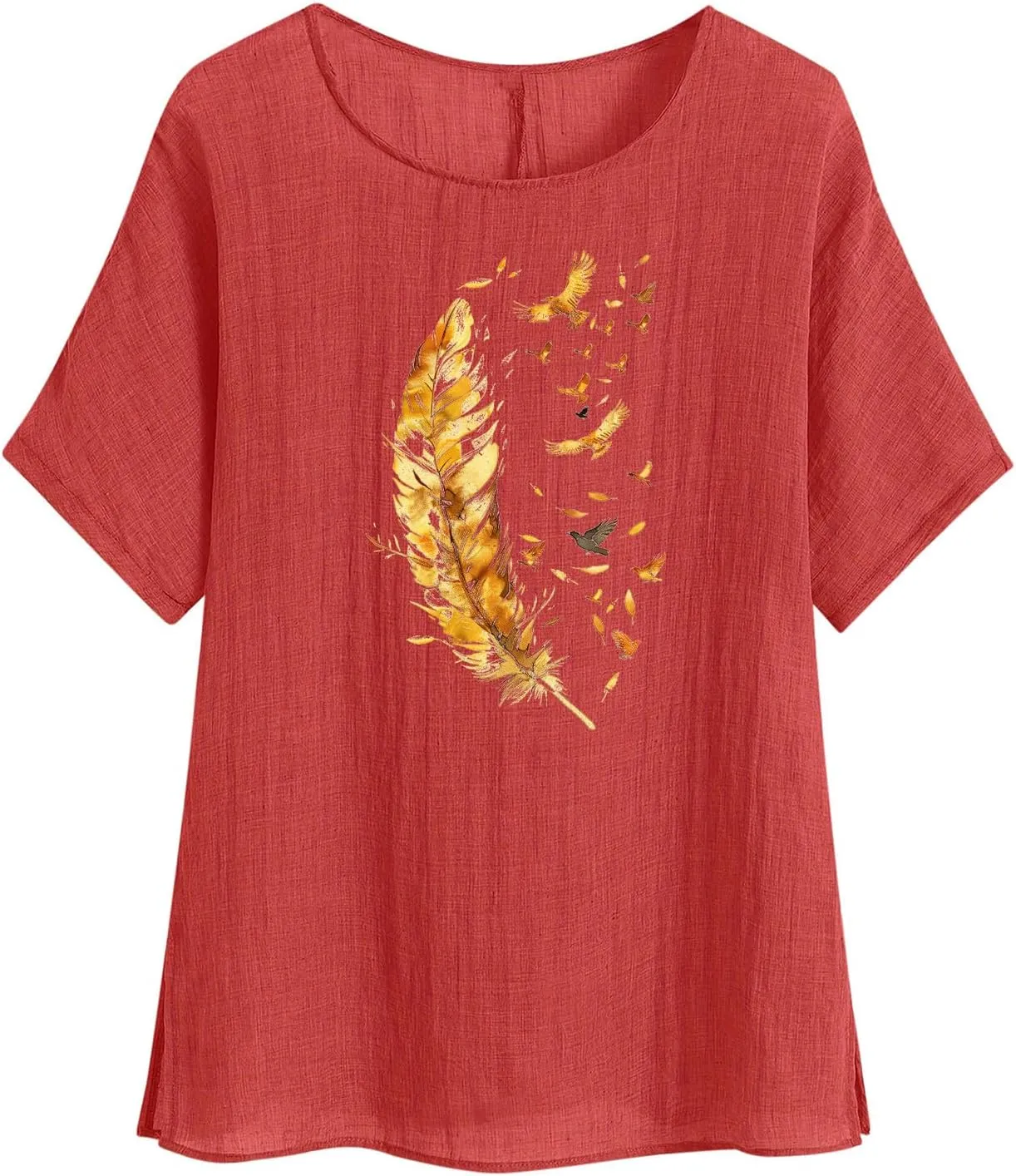 Women's Casual Summer Tops Cotton Linen Short Sleeve Shirts Fashion Print Round Neck T Shirt Loose Blouses