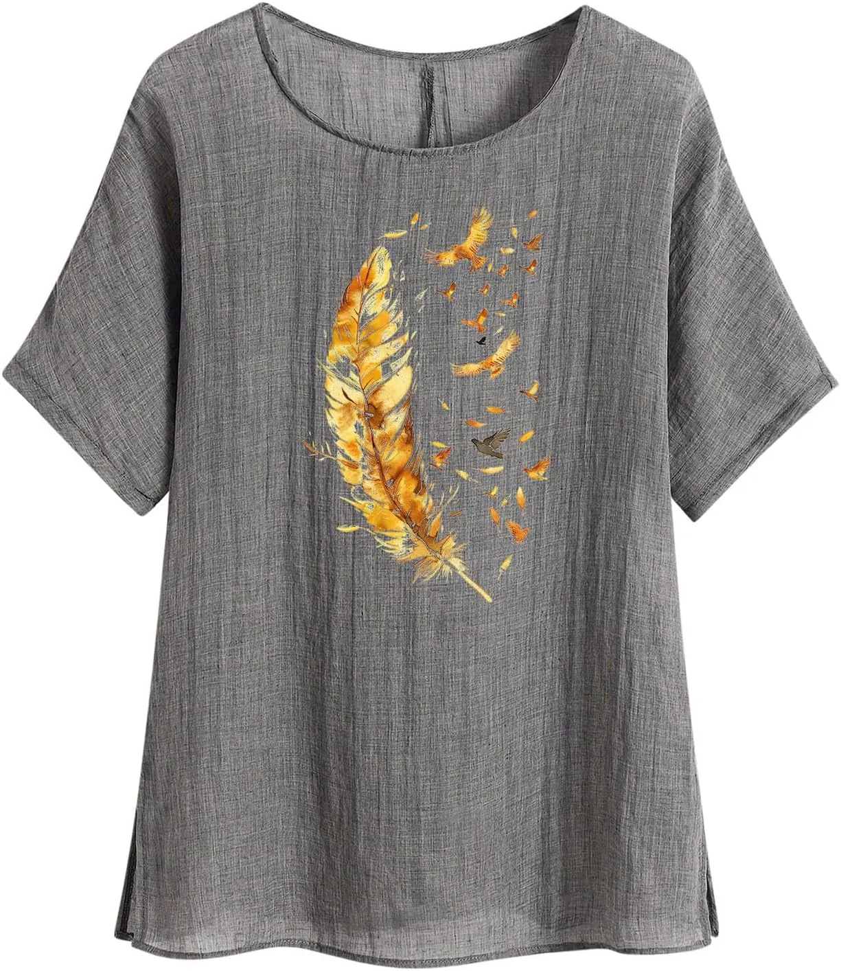 Women's Casual Summer Tops Cotton Linen Short Sleeve Shirts Fashion Print Round Neck T Shirt Loose Blouses