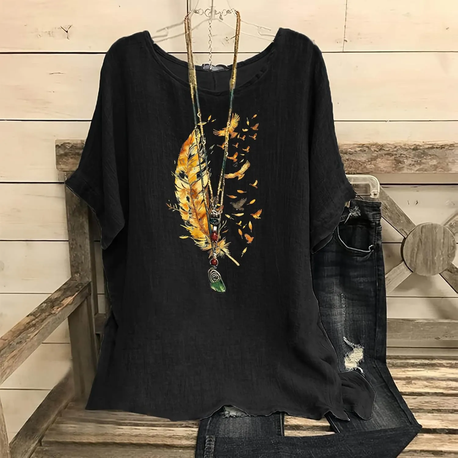 Women's Casual Summer Tops Cotton Linen Short Sleeve Shirts Fashion Print Round Neck T Shirt Loose Blouses