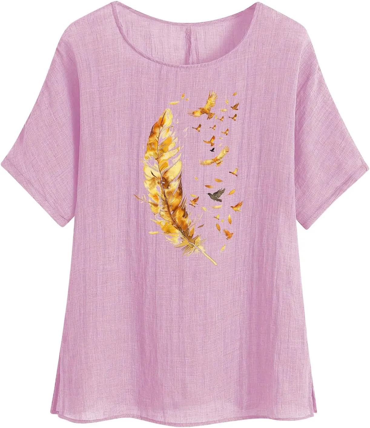 Women's Casual Summer Tops Cotton Linen Short Sleeve Shirts Fashion Print Round Neck T Shirt Loose Blouses