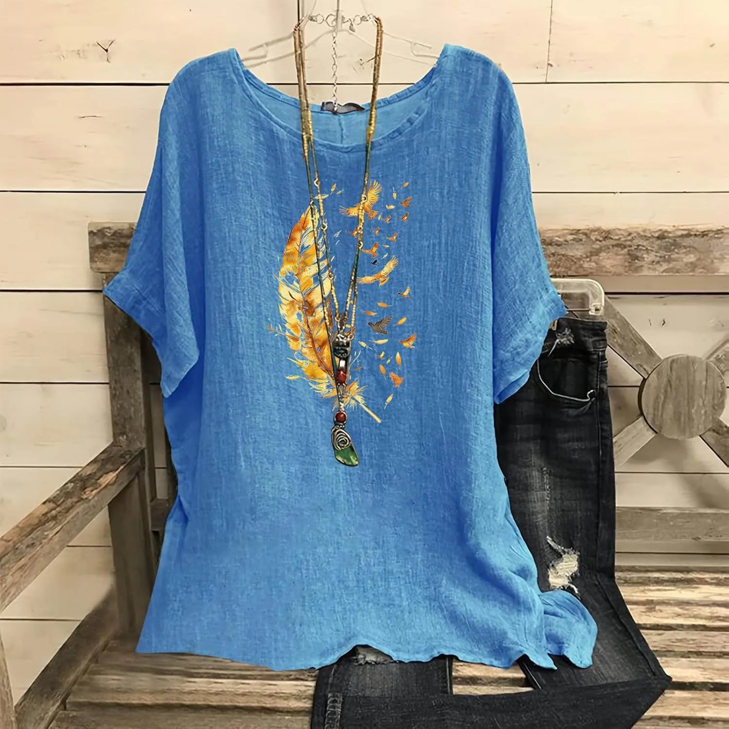 Women's Casual Summer Tops Cotton Linen Short Sleeve Shirts Fashion Print Round Neck T Shirt Loose Blouses