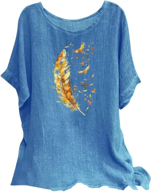 Women's Casual Summer Tops Cotton Linen Short Sleeve Shirts Fashion Print Round Neck T Shirt Loose Blouses