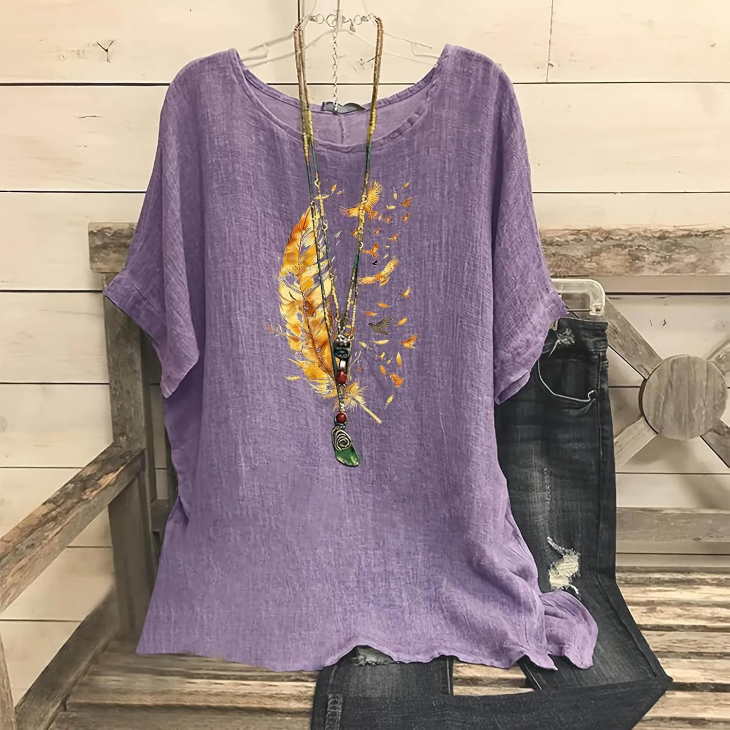 Women's Casual Summer Tops Cotton Linen Short Sleeve Shirts Fashion Print Round Neck T Shirt Loose Blouses