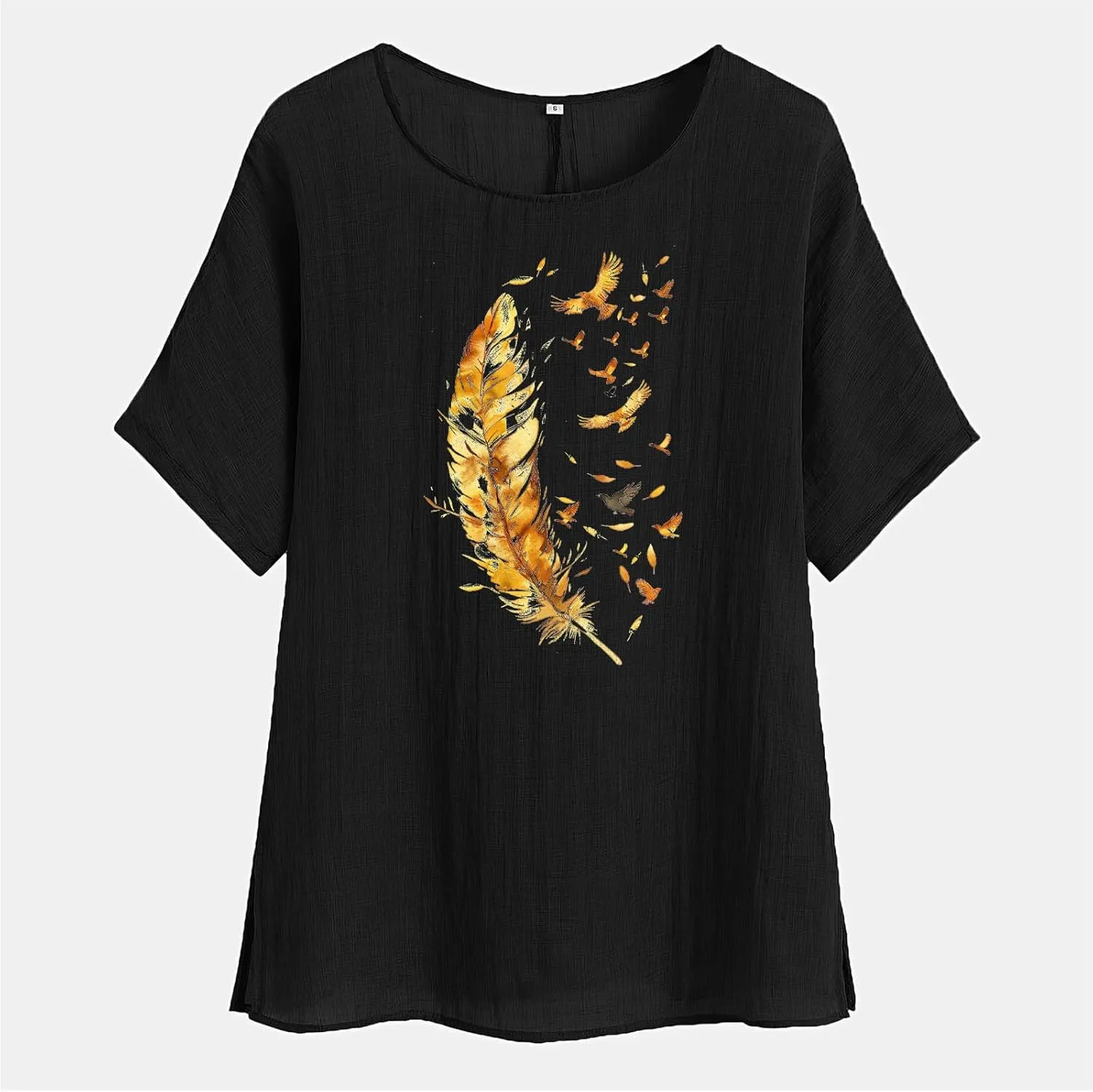 Women's Casual Summer Tops Cotton Linen Short Sleeve Shirts Fashion Print Round Neck T Shirt Loose Blouses